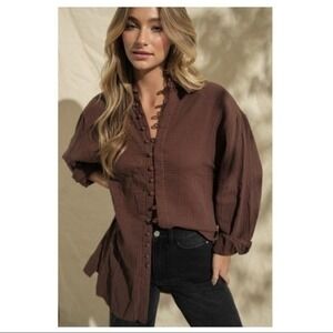 Papermoon Cotton Looped Button Front Blouse Long Tunic Length NWT Brown Medium